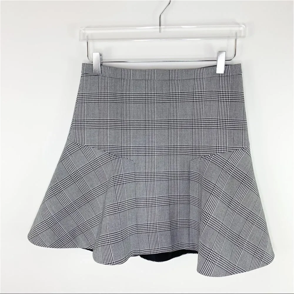 J. Crew Plaza Women’s Skirt Black White Glen‎ Plaid Flared Sz 2 New